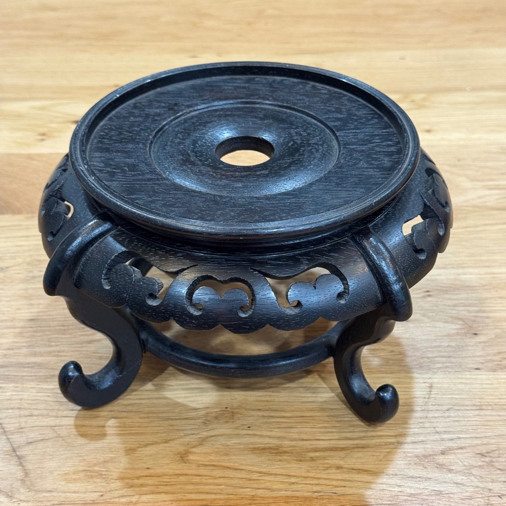 Vintage Chinese Carved Wood Display Stand Pedestal Base for Vase 4.5 Inch Black